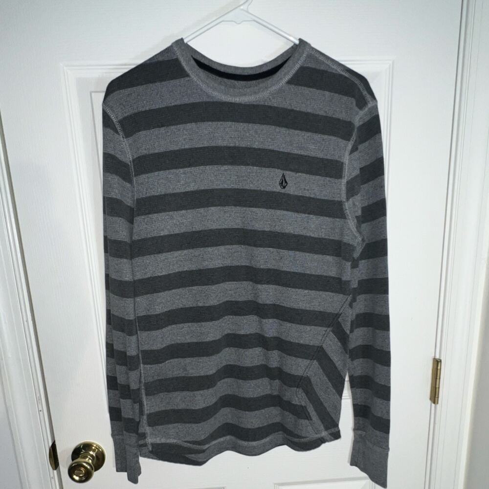 Volcom Striped Thermal Knit Pullover Sweater Gray Crew Neck Men's Size L